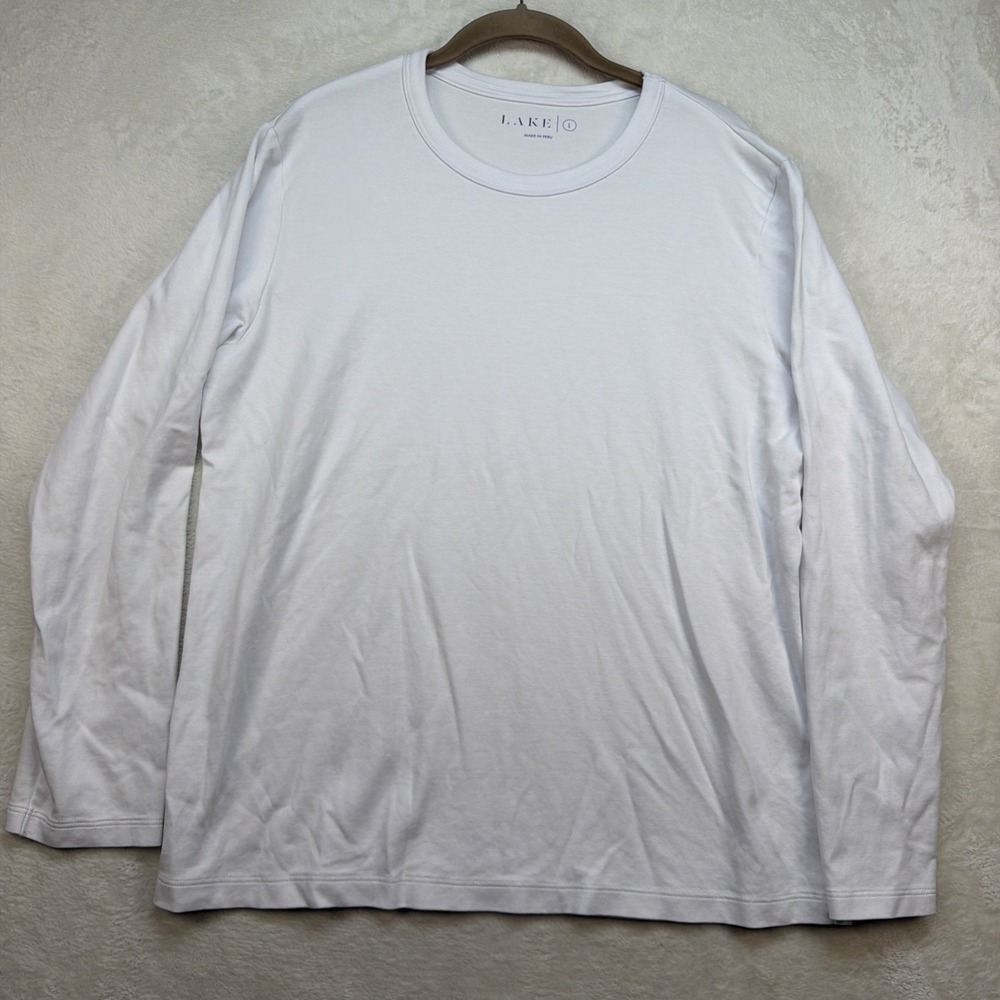 LAKE Pima Cotton Long Sleeve Tee Men's Large White Luxury Lounge Minimalist